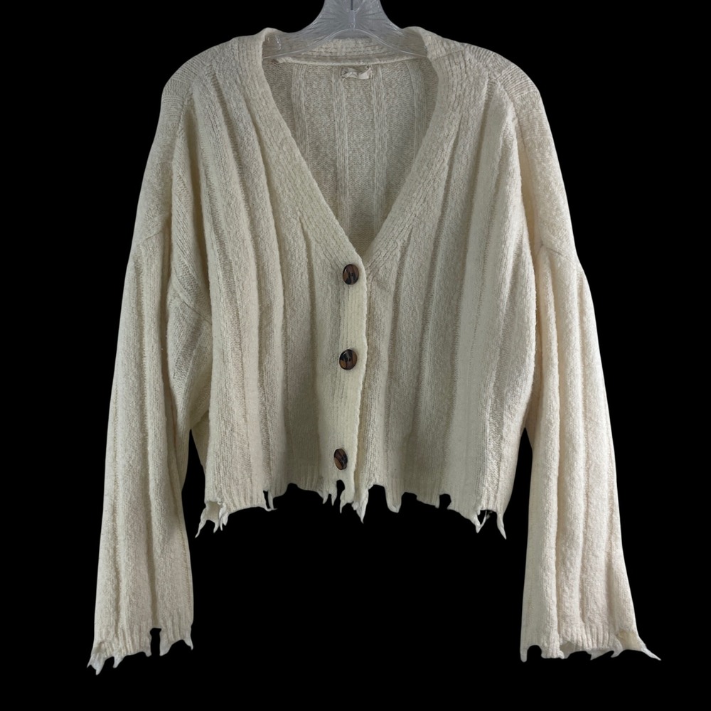 Altar'd State Cardigan Sweater Medium Cream Distressed Boho Grunge Cropped